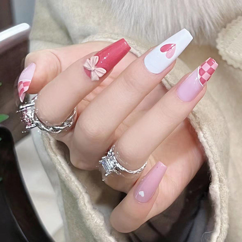 Valentines Nails  Pink Heart February Nails Hmade Acrylic Press On Na –  3rdpartypeople