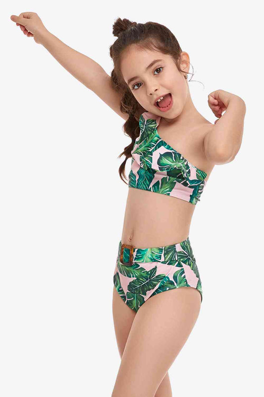 St Patricks Day Outfits Girls Ruffled One-Shoulder Buckle Detail Two-Piece Swim Set