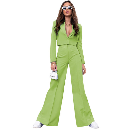 St Patricks Day Outfits Fall Fits | Green Cropped Blazer Wide Leg Pants Outfit 2-piece set