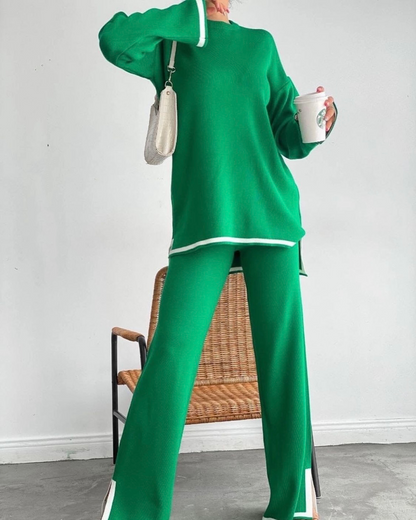 Green Winter Outfits  Knitted Jersey Hooded Sweater Wide Leg Pants Ou –  3rdpartypeople