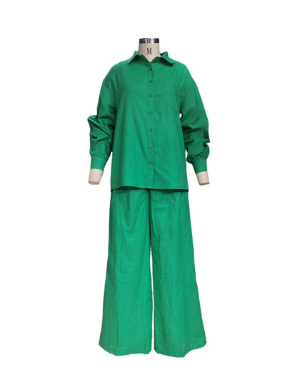 Green Aesthetic Linen Pants | Summer Long Sleeve Shirt Trousers Outfit 2-piece Set