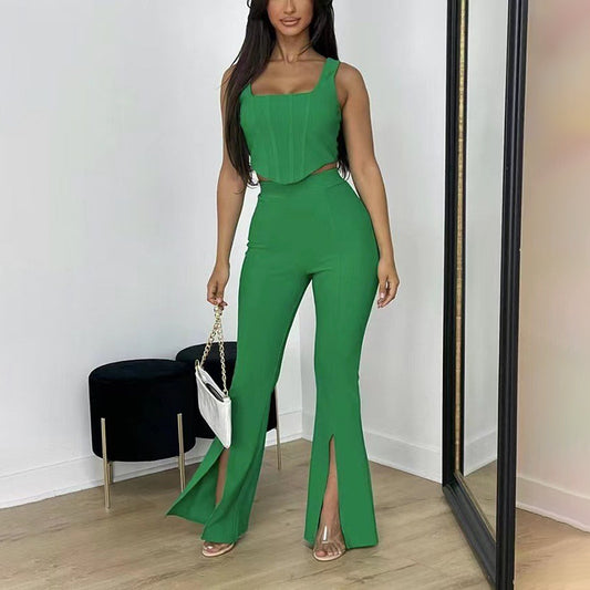 Corset Outfits | Green Aesthetic Corset Top High Waist Split Flared Pants Outfit 2-piece Set