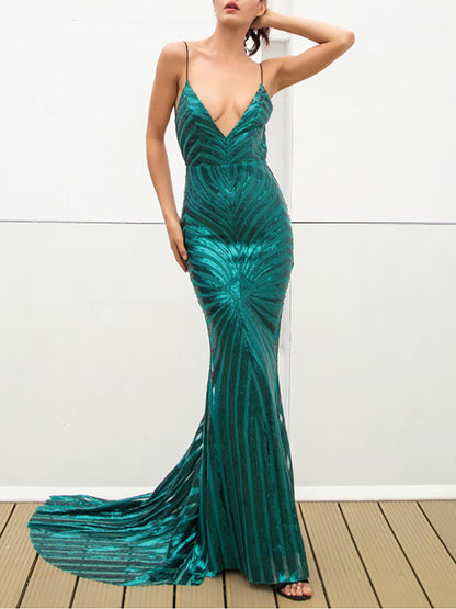 Green Prom Dresses | Backless Deep V Plunge Sequined Glitter Dress