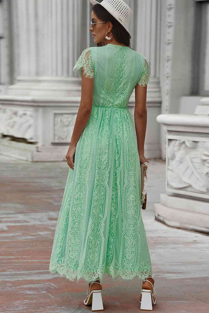 St Patricks Day Outfits Scalloped Trim Lace Plunge Dress
