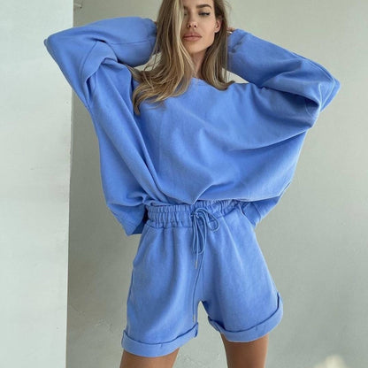 Blue Aesthetic Outfits | Cotton Sweatshirt & Wide Leg Shorts Outfit 2-piece Set