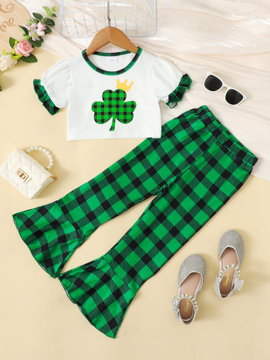 St Patricks Day Outfits Lucky Clover Round Neck Top and Plaid Pants Set