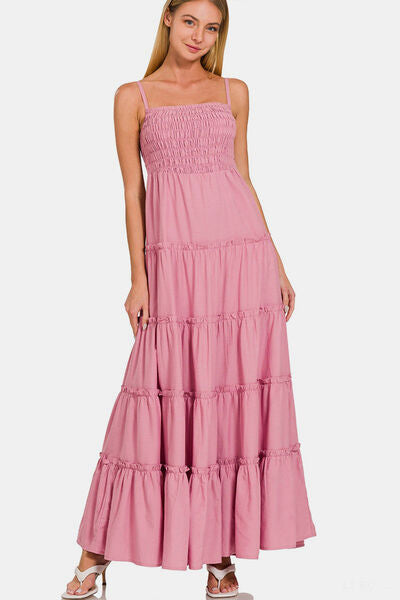 Millennial Pink Zenana Woven Smocked Tiered Cami Maxi Dress