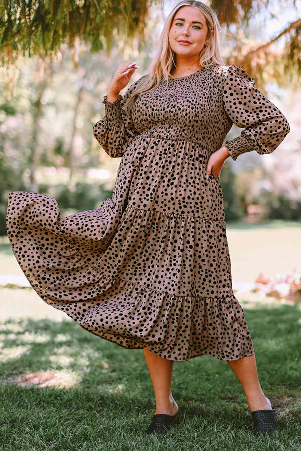 Plus Size Animal Print Smocked Tiered Dress