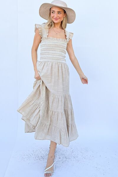 Spring Dresses Linen Striped Ruffle Dress