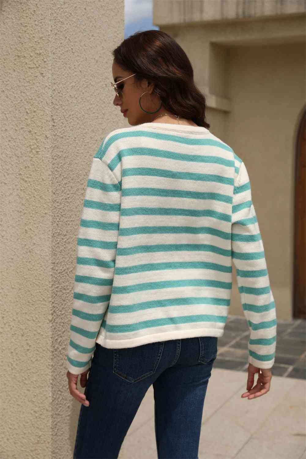 St Patricks Day Outfits Striped Round Neck Button-Down Dropped Shoulder Cardigan