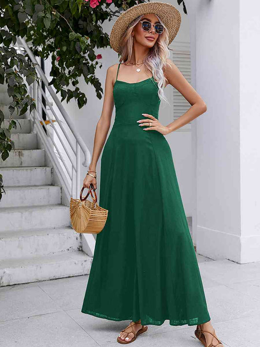 St Patricks Day Outfits Emerald Green Cotton Spaghetti Strap Lace-UP Maxi Dress
