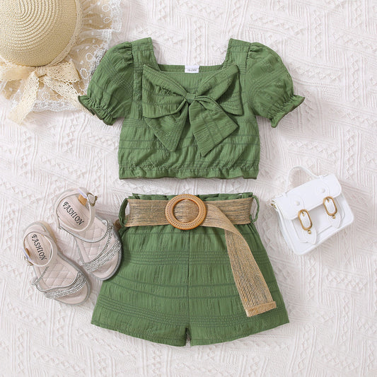 St Patricks Day Outfits Kids Fashion Dress | Kids Textured Bow Detail Top Belted Shorts Set