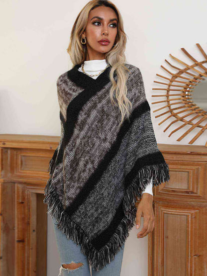 V-Neck Poncho with Fringes