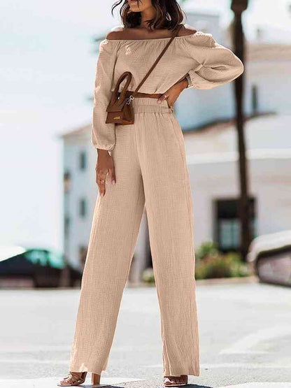 Off Shoulder Long Sleeve Top and Pants Set