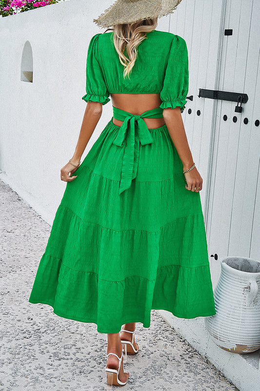 St Patricks Day Outfits Tie Back Short Sleeve Tiered Dress