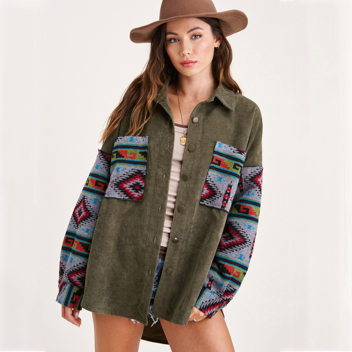 Aztec Coats | Green Aesthetic Corduroy Aztec Coat Shacket