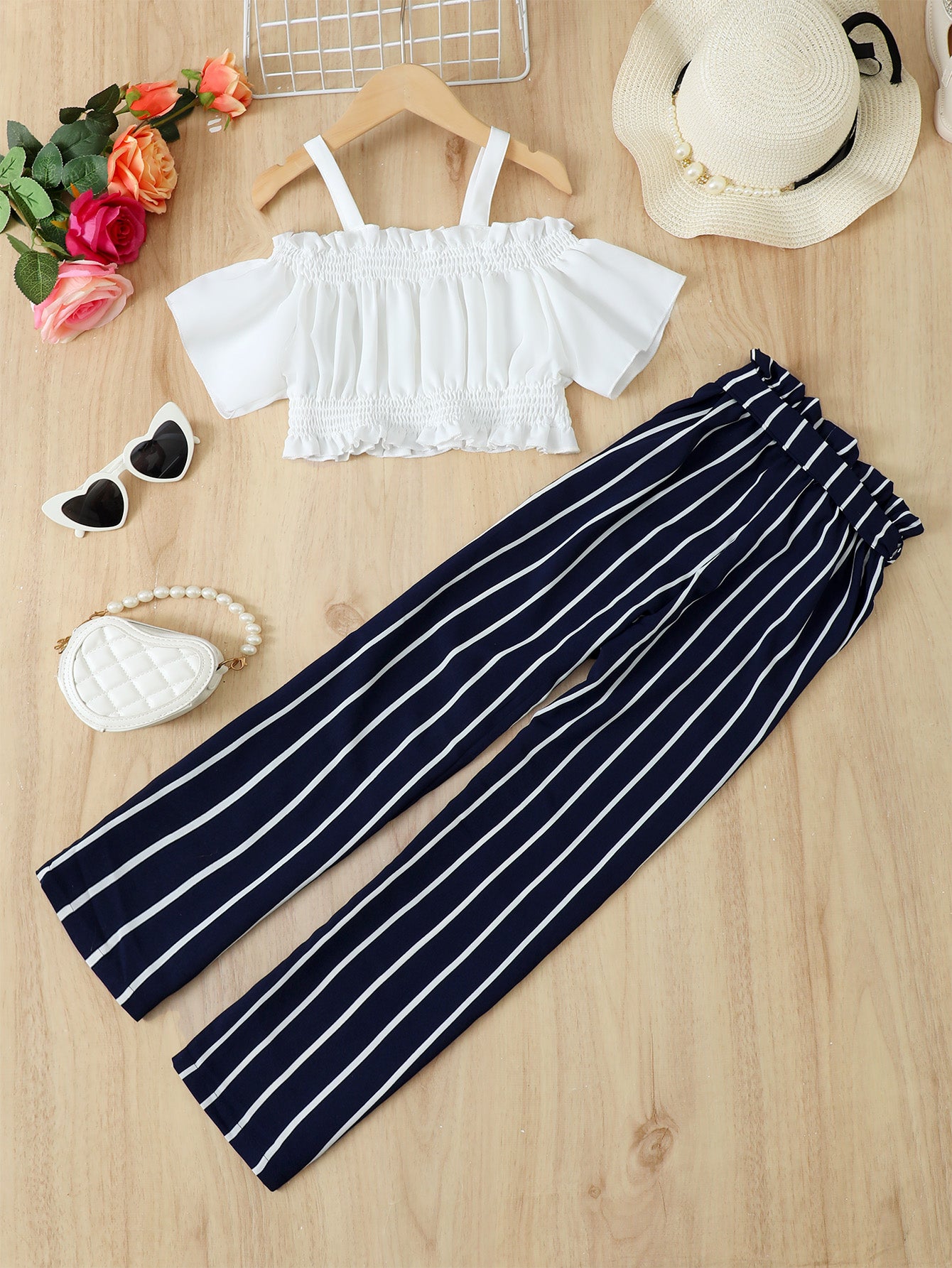 Frill Trim Cropped Top and Striped Pants Set