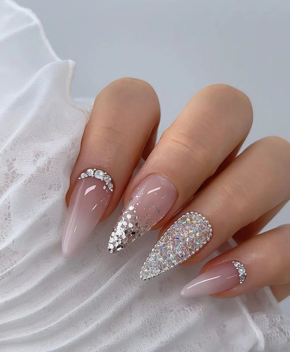 Winter Nails  Pink Ombre French Tips Nails Luxury Diamond Rhinestones –  3rdpartypeople