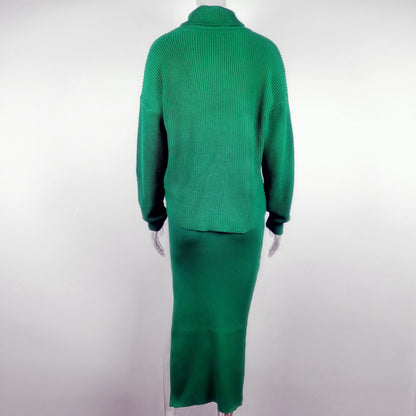 Green Aesthetic Outfits | Turtleneck Knitted Skirt Outfit 2-piece Set