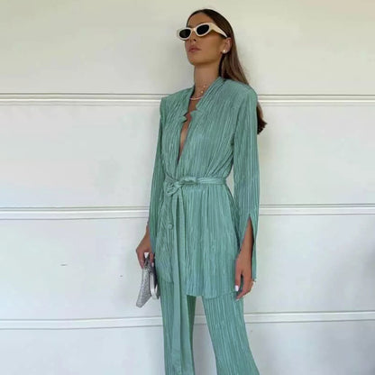 Spring Outfits 2023 | Jade Green Aesthetic Pleated Shirts Pants Outfit 2-piece Set