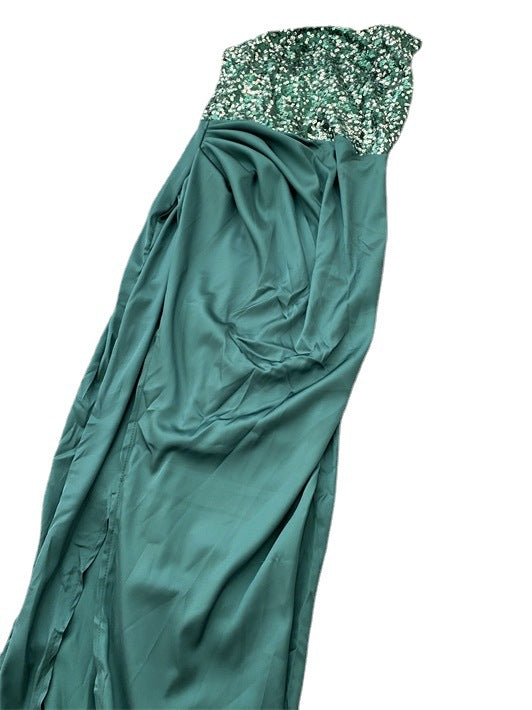 green prom dress, asymetric green saqtin dress, green glitter sequined prom dress, prom dresses, wedding guest dress, 2023 fashion trends