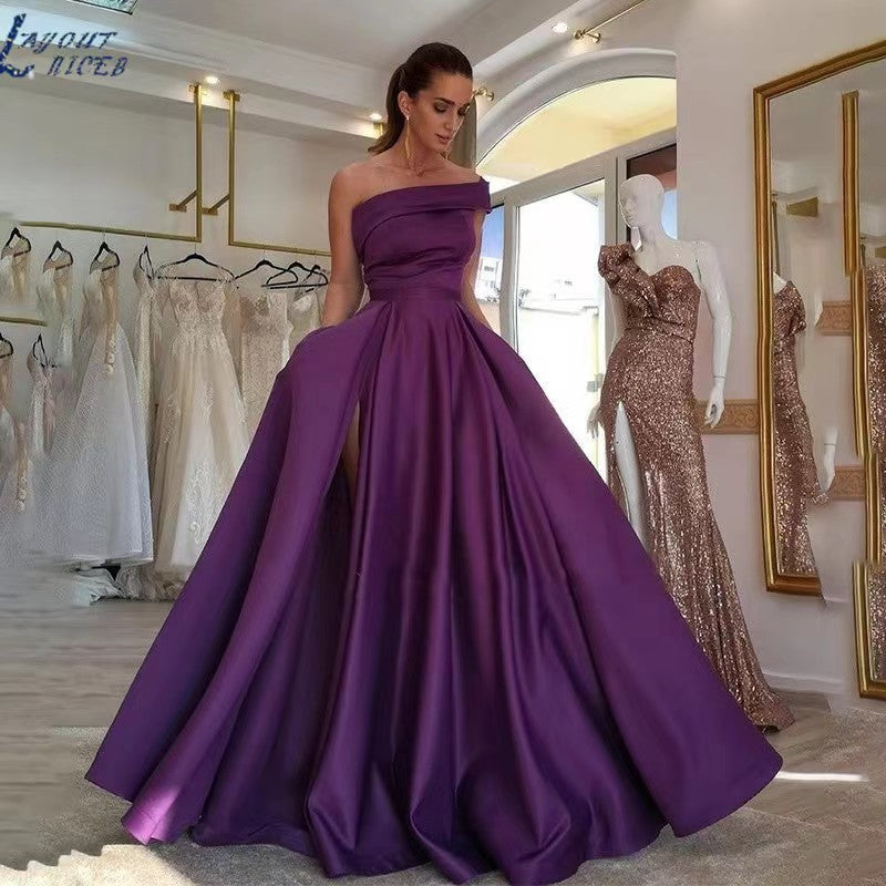 Elegant A-Line Bateau Long Pleated Purple Satin Prom Dress