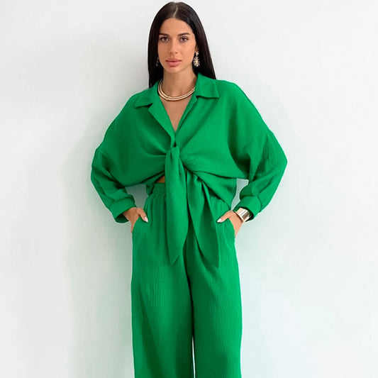 Green Aesthetic Outfits | Front Tie Green Aesthetic Cotton Wide Leg Trousers Outfit 2-piece set