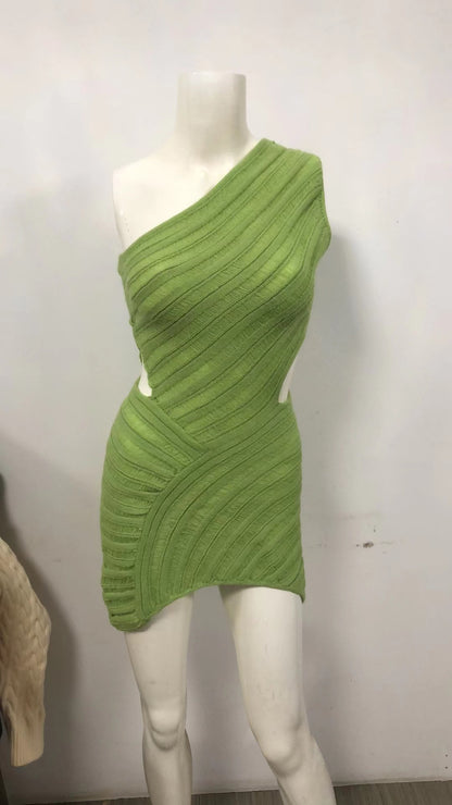 Summer Dresses 2023 | Green Aesthetic One Shoulder Knitted Mini Dress