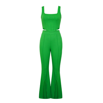 Corset Outfits | Green Aesthetic Corset Top High Waist Split Flared Pants Outfit 2-piece Set