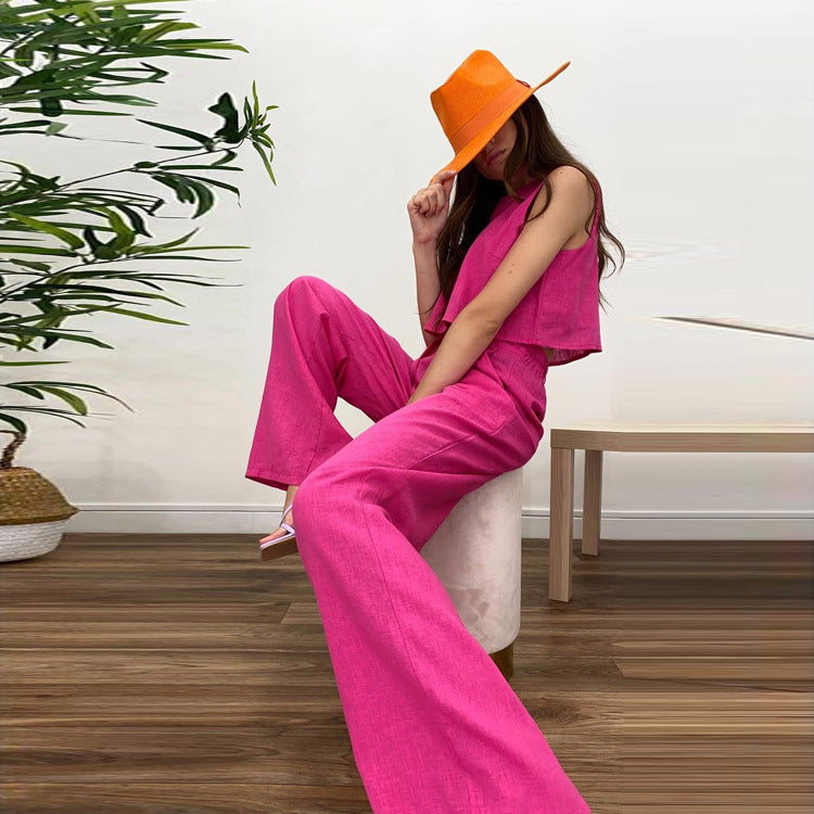 Summer Linen Outfits | Green Crop Top Aesthetic Linen Pants Outfit Summer 2-piece set!