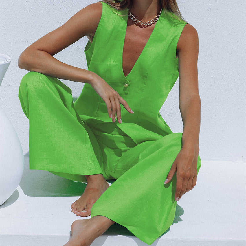 Summer Linen Outfits | Green Aesthetic Linen Pants Outfit Summer Casual 2-Piece Set!