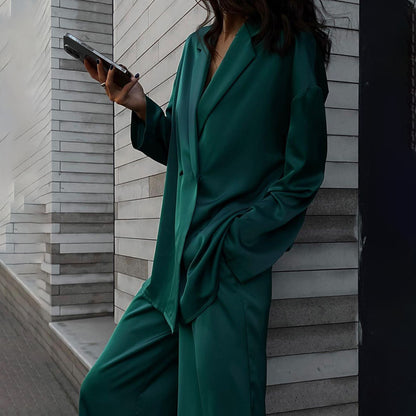 Silk Outfits | Green Emerald Silk Wide Leg Trousers Outfit 2-piece Set