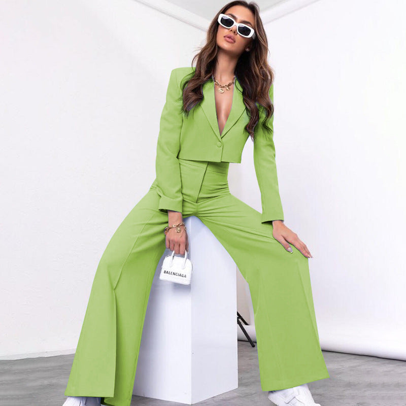 Fall Fits | Green Cropped Blazer Wide Leg Pants Outfit 2-piece set