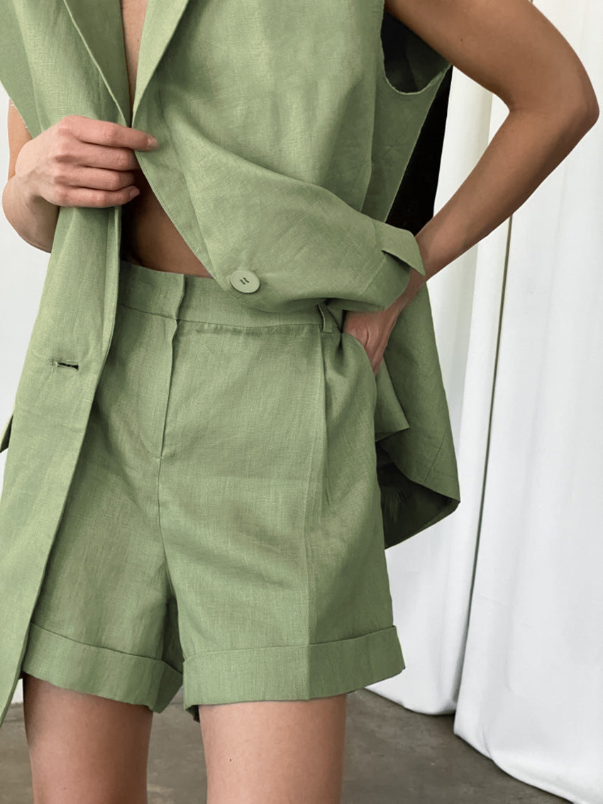 Summer Shorts Outfits :  Cotton Long Vest Green Shorts Outfits 2 -piece Set