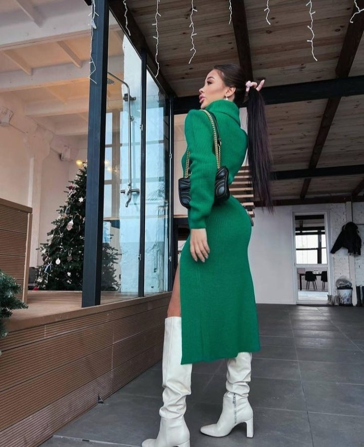 Green Aesthetic Winter Outfits | Turtleneck Woolen Dress