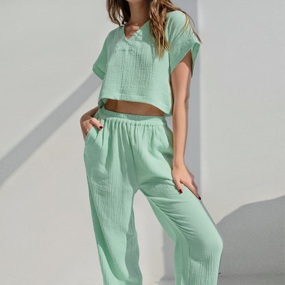 Comfortable Outfits | Matcha Green Aesthetic Cotton Linen Crop Top & Wide Leg Pants Outfit 2-piece Set