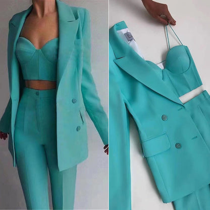 Outfit Ideas | Jade Green Aesthetic Blazer Wide Leg Pants Outfit 3-piece Set