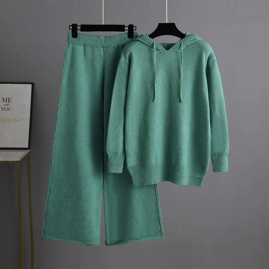 Green Winter Outfits | Knitted Jersey Hooded Sweater Wide Leg Pants Outfit 2-piece Set