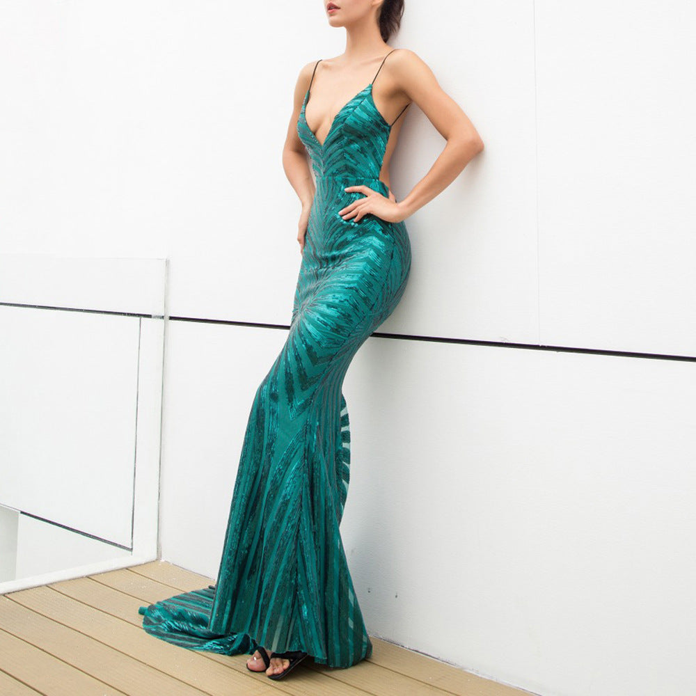 Green Prom Dresses | Backless Deep V Plunge Sequined Glitter Dress