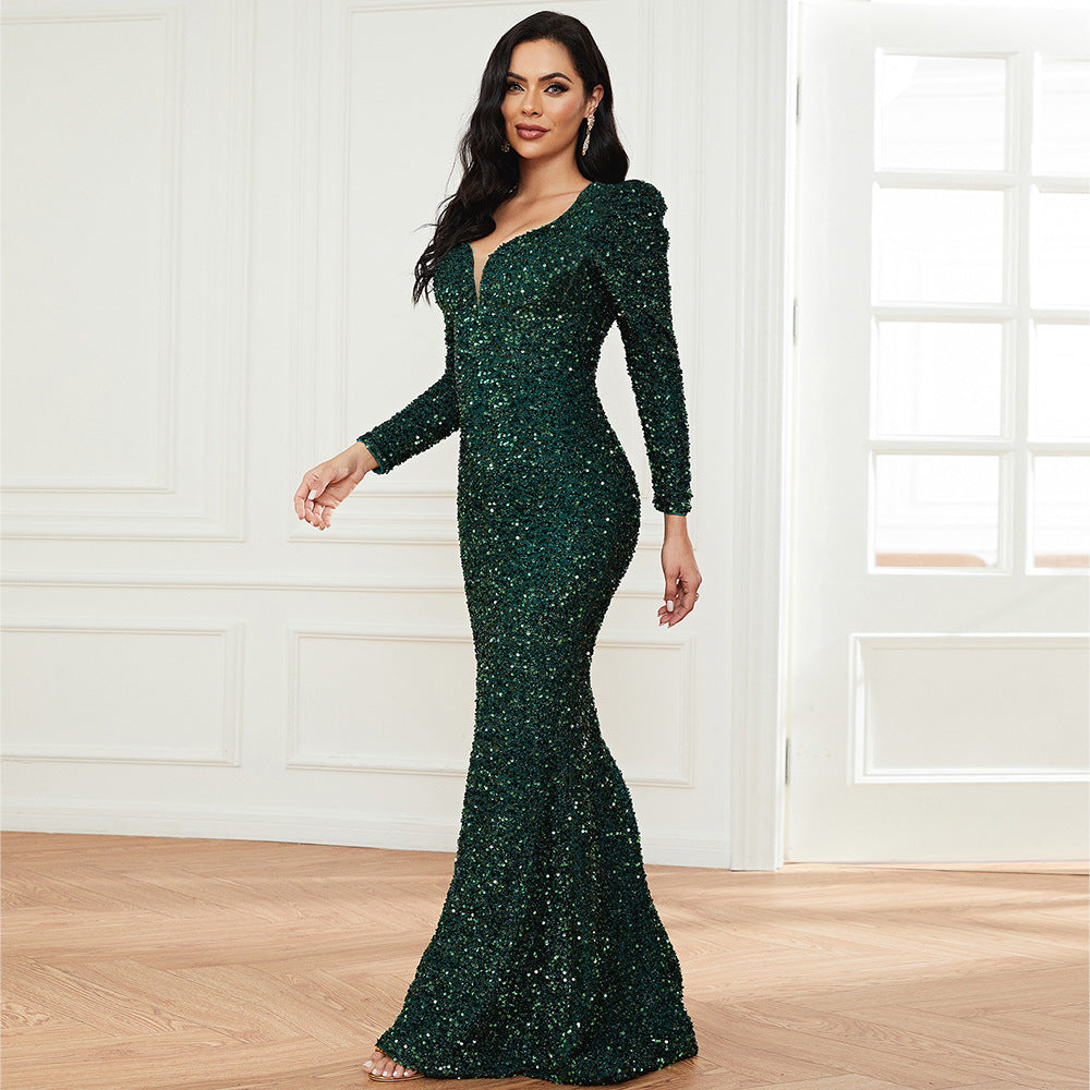 Evening Gowns | Elegant Puff Sleeve Emerald Green Glitter Dress