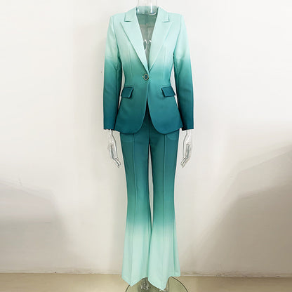Spring Outfits 2024 | Emerald Green Gradient Blazer Flared Pants Outfit 2-piece Set