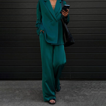 Silk Outfits | Green Emerald Silk Wide Leg Trousers Outfit 2-piece Set
