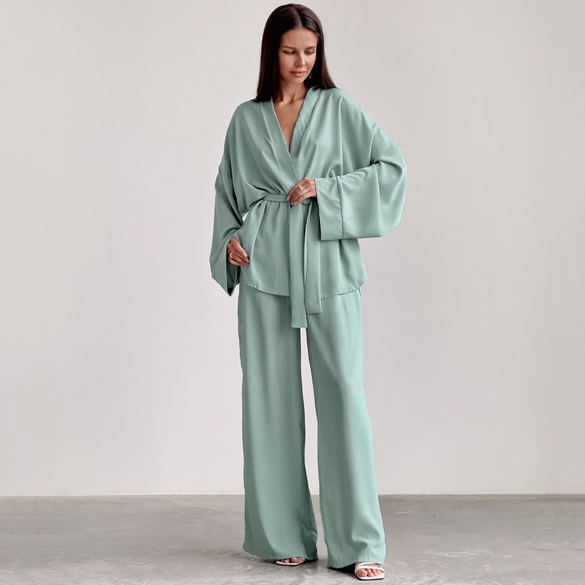 Comfortable Outfits | Matcha Green Aesthetic Chiffon Kimono Outfit 2-piece Set