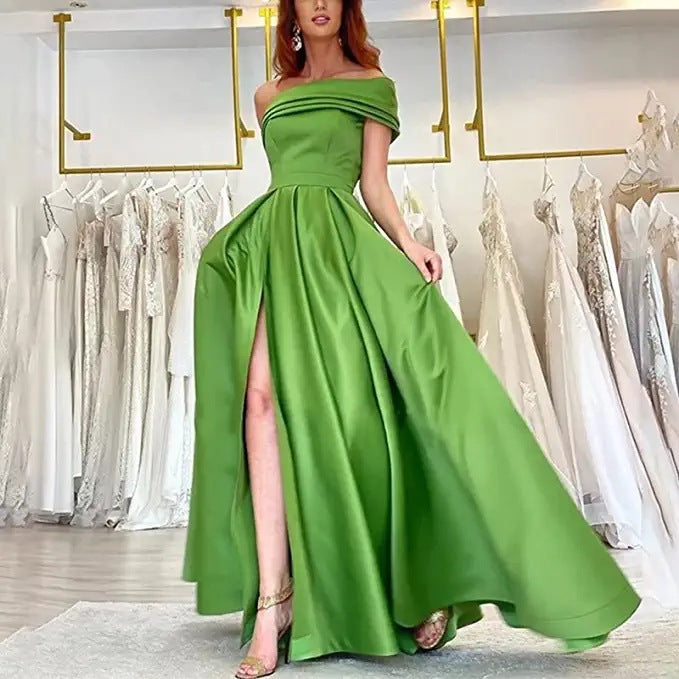 Green Evening Gowns | One Shoulder Elegant Satin Dress