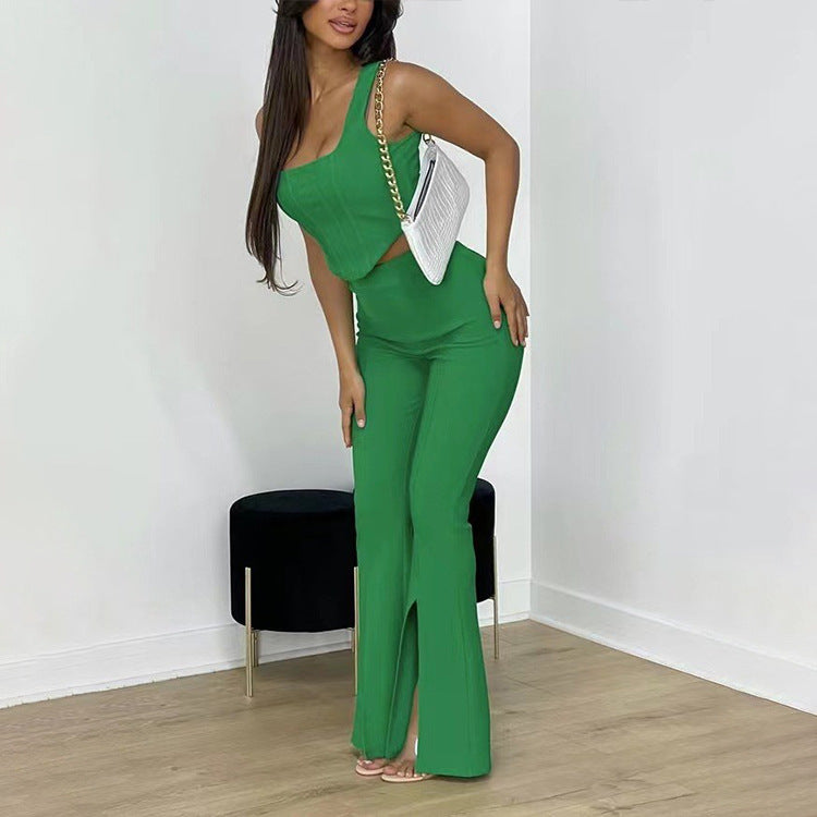 Corset Outfits  Green Aesthetic Corset Top High Waist Split Flared Pa –  3rdpartypeople