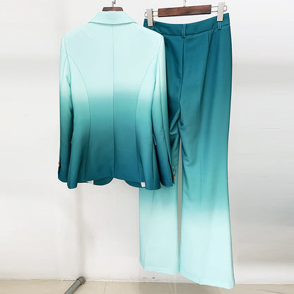 Spring Outfits 2024 | Emerald Green Gradient Blazer Flared Pants Outfit 2-piece Set