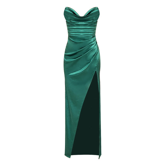 St Patricks Day Outfits Winter Formal Dresses |Emerald Green Satin Tube Top Slit Wrap Maxi Dress