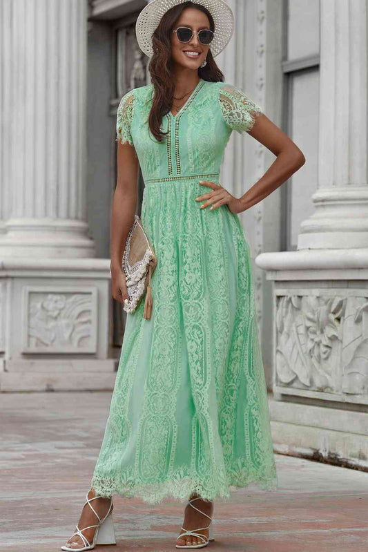 St Patricks Day Outfits Scalloped Trim Lace Plunge Dress