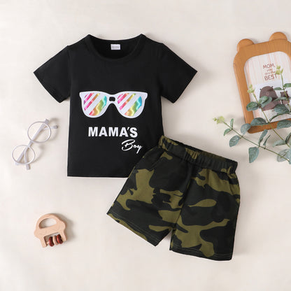 MAMA'S BOY Graphic T-Shirt Camouflage Shorts Set