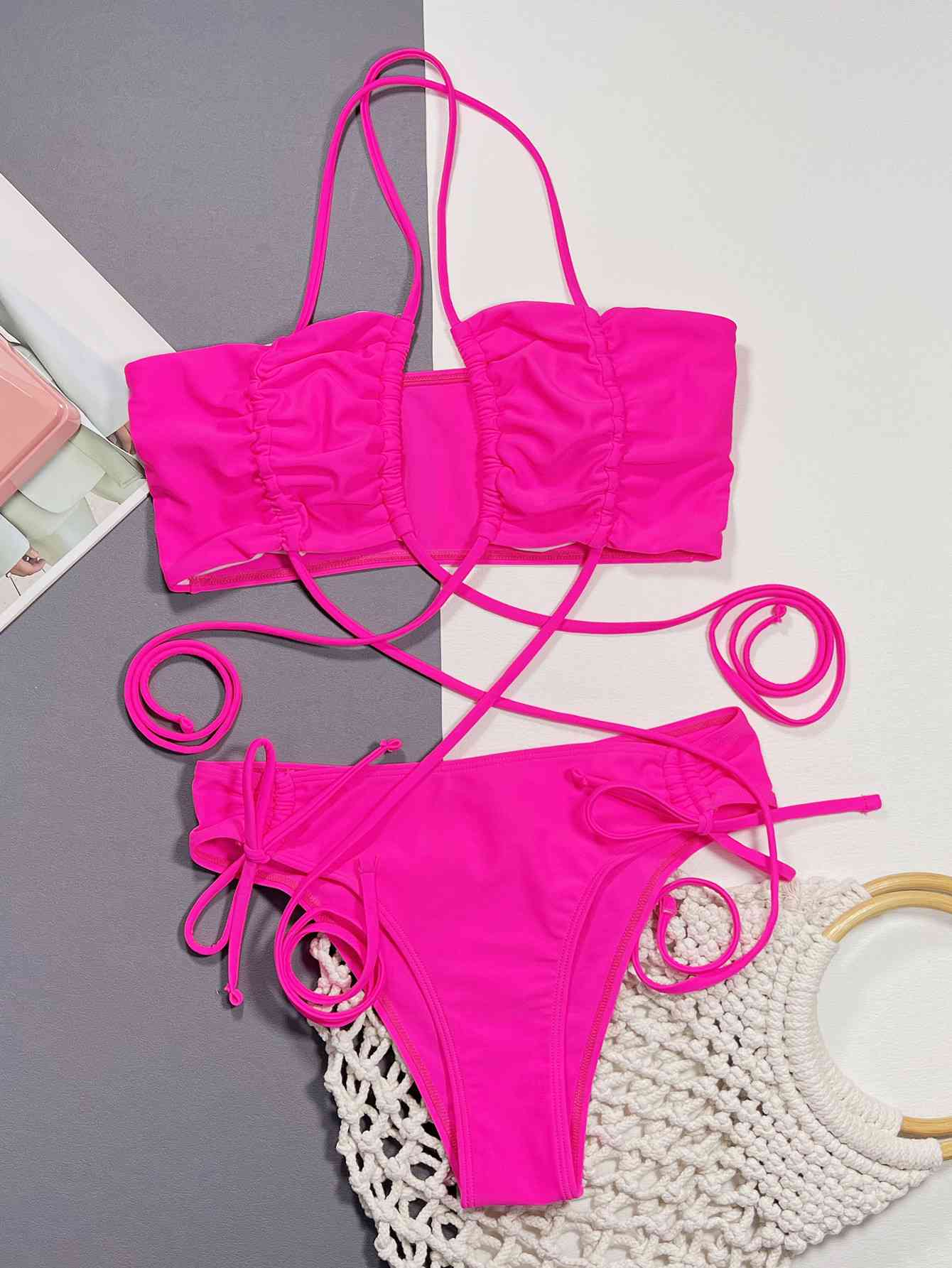 Hot Pink Halter Neck Drawstring Detail Bikini Set